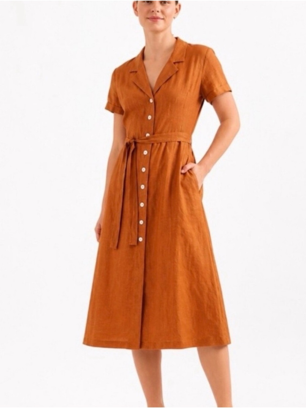 Quince Rust Button-Front Midi Shirt Dress with Tie
